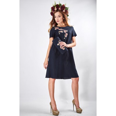 Embroidered Classic Dress "Sacura" Navy